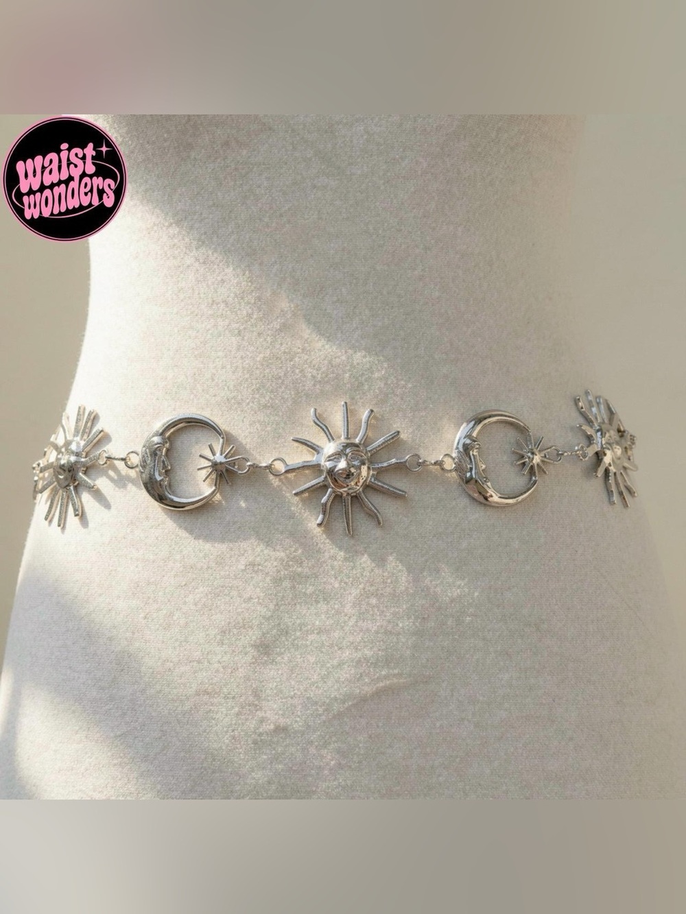 Y2K 2000s style silver sun and moon waist chain belt